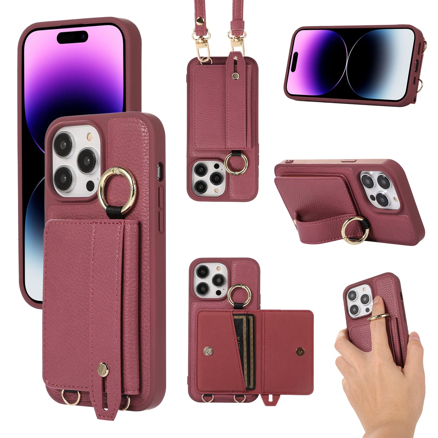 Fashionable Litchi Pattern Crossbody Wallet Phone Case for iPhone