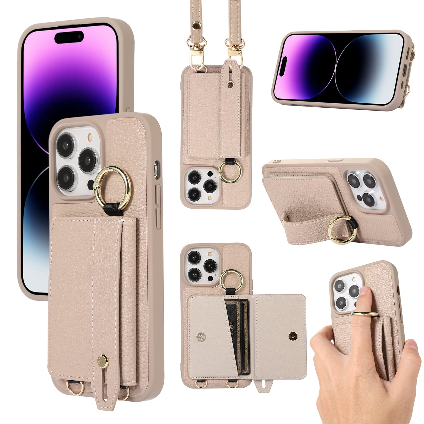 Fashionable Litchi Pattern Crossbody Wallet Phone Case for iPhone