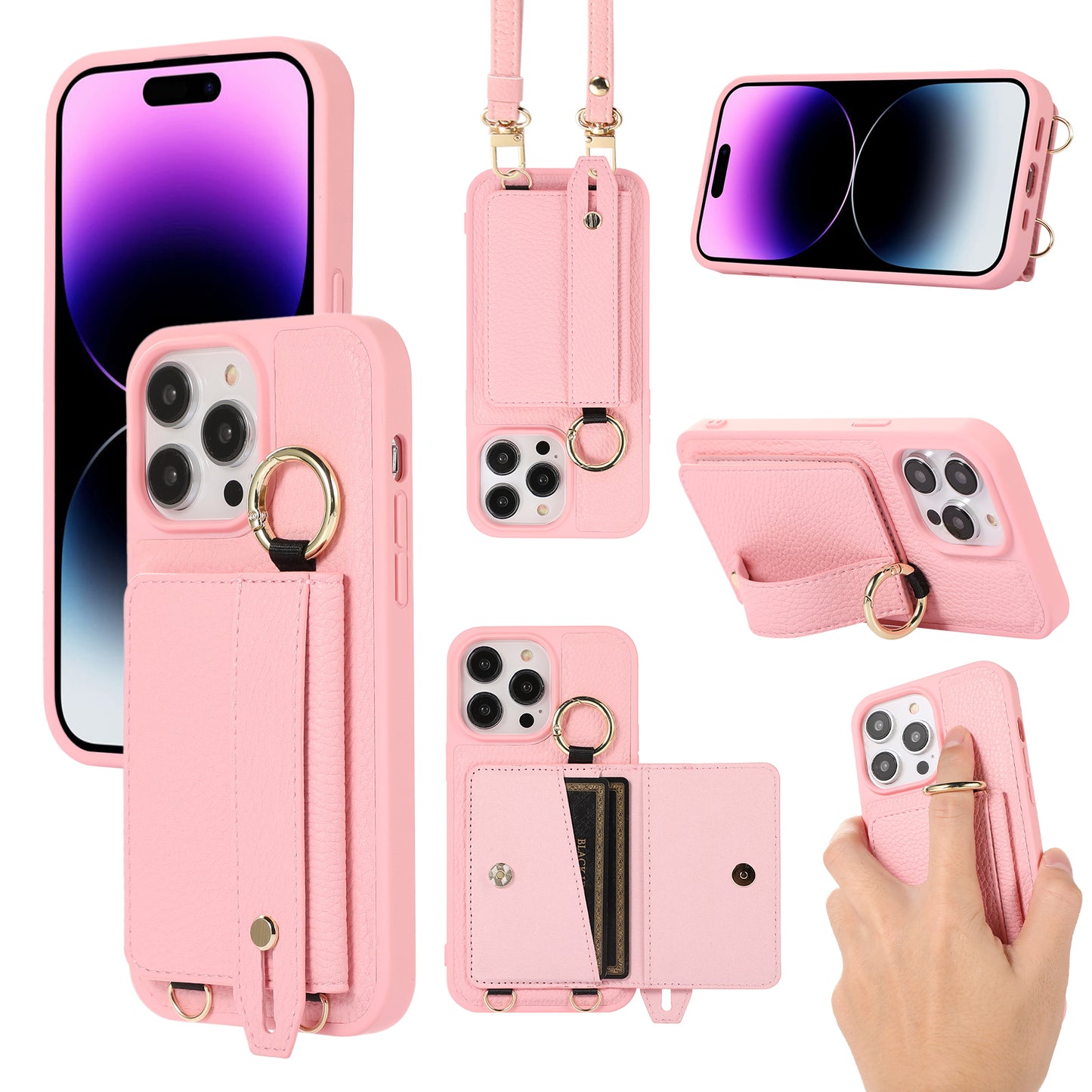 Fashionable Litchi Pattern Crossbody Wallet Phone Case for iPhone