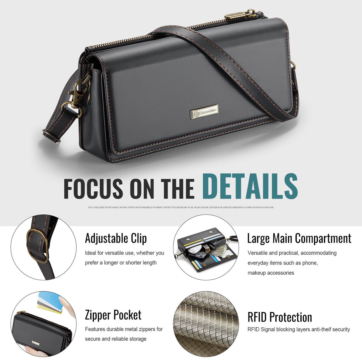 Multi-Functional Crossbody Shoulder Bag for Women/Men - RFID Blocking Wallet with 7 Card Slots, Adjustable Strap & Wristlet, Durable Edging Stitching