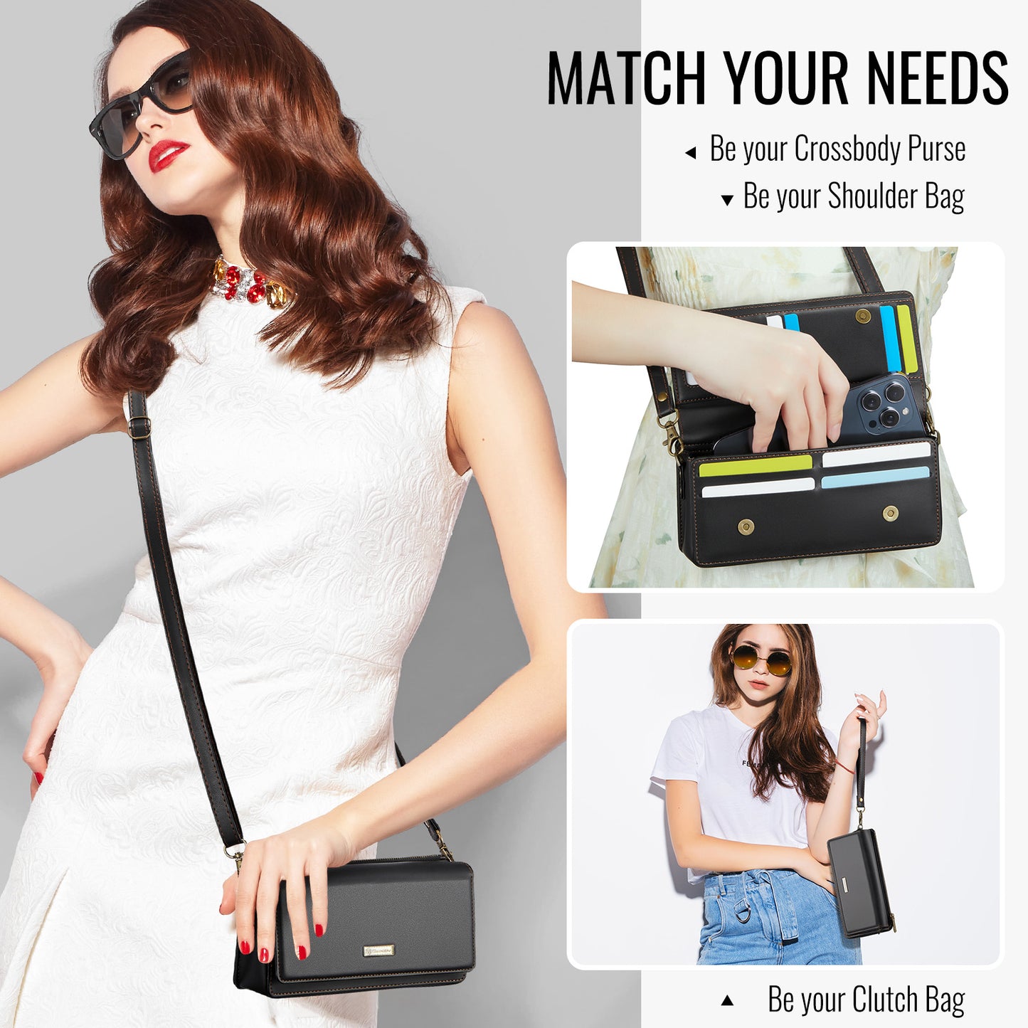 Multi-Functional Crossbody Shoulder Bag for Women/Men - RFID Blocking Wallet with 7 Card Slots, Adjustable Strap & Wristlet, Durable Edging Stitching