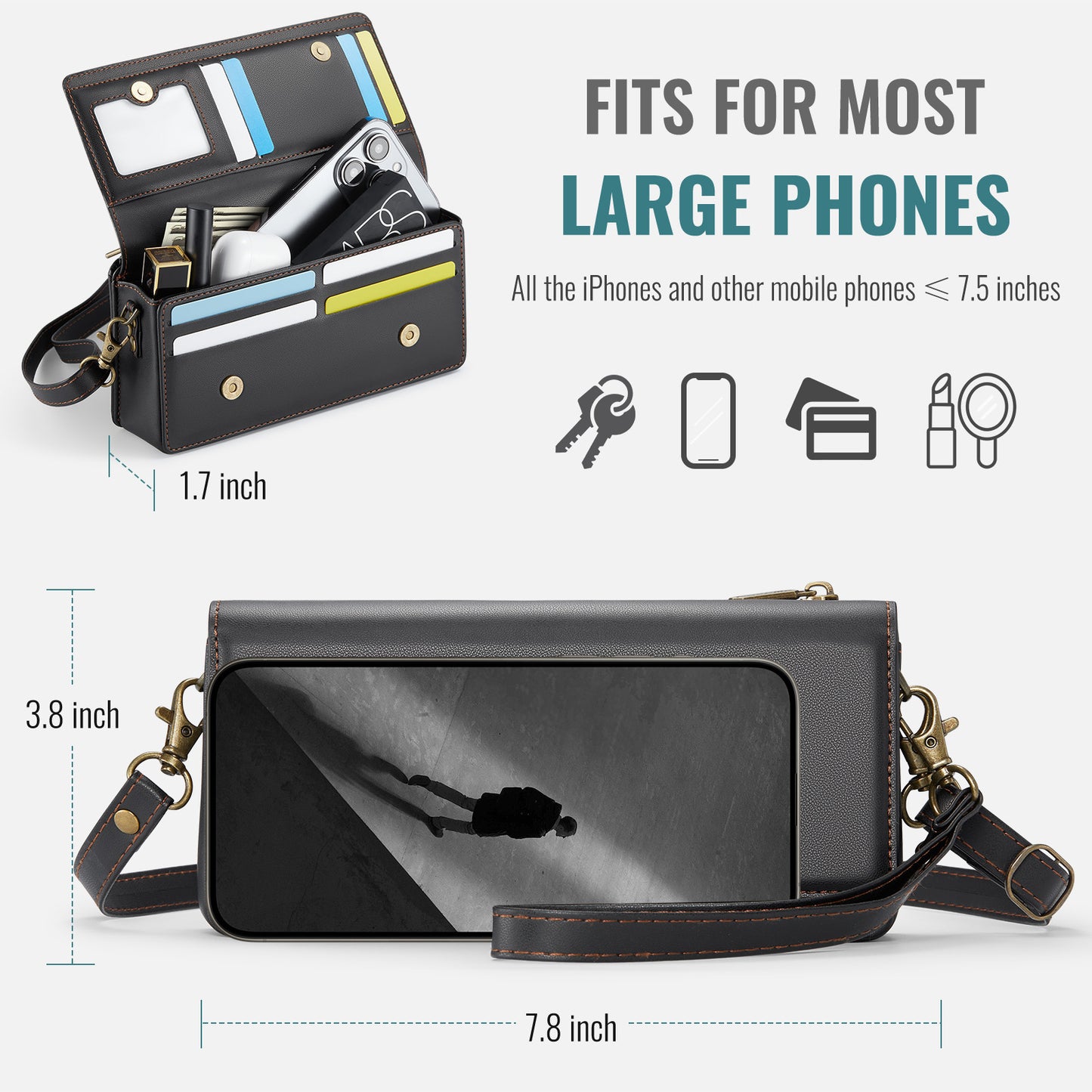 Multi-Functional Crossbody Shoulder Bag for Women/Men - RFID Blocking Wallet with 7 Card Slots, Adjustable Strap & Wristlet, Durable Edging Stitching