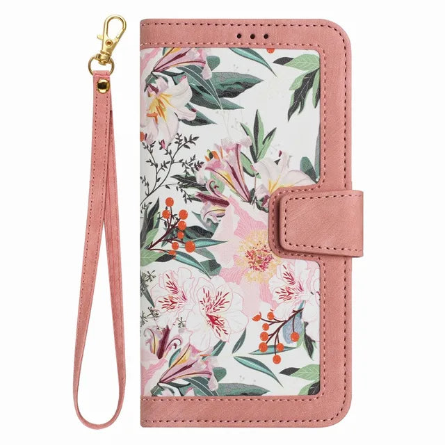 Wallet Phone Case with Plant Flowers Leather Flip Back Cover and Lanyard