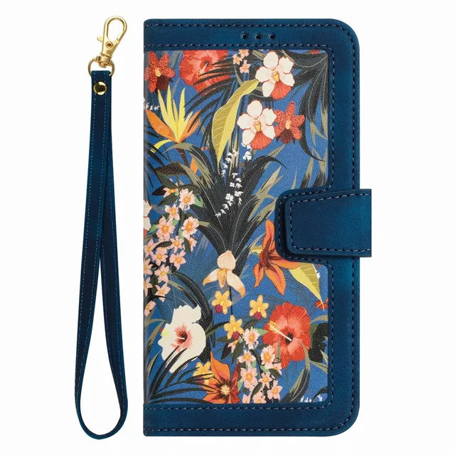 Wallet Phone Case with Plant Flowers Leather Flip Back Cover and Lanyard