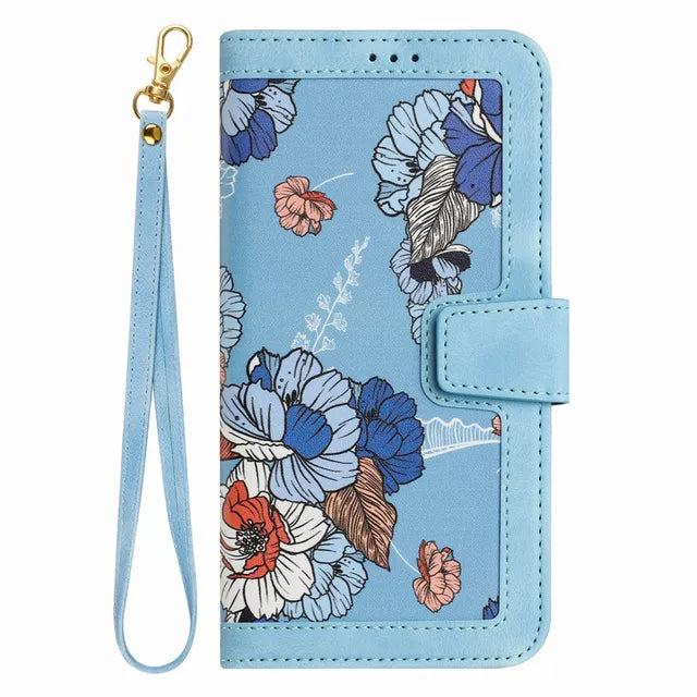 Wallet Phone Case with Plant Flowers Leather Flip Back Cover and Lanyard