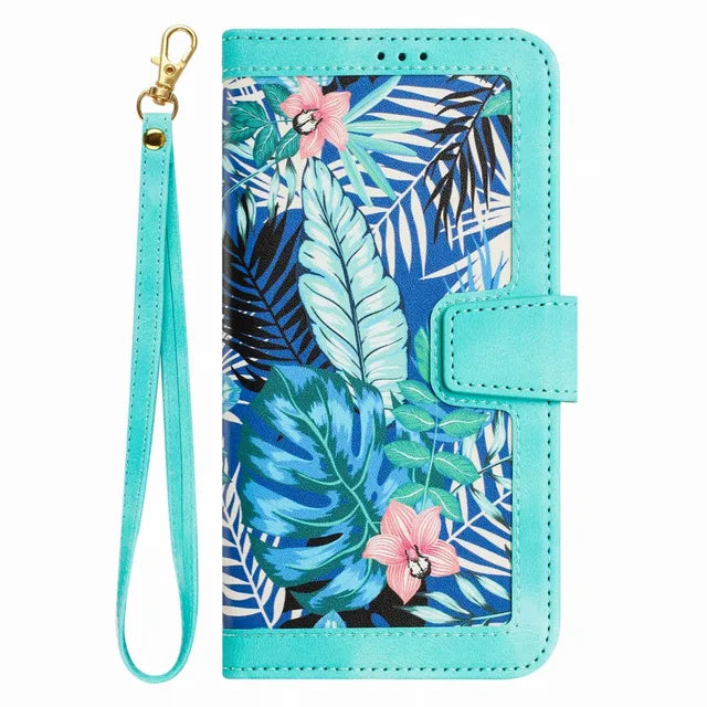 Wallet Phone Case with Plant Flowers Leather Flip Back Cover and Lanyard