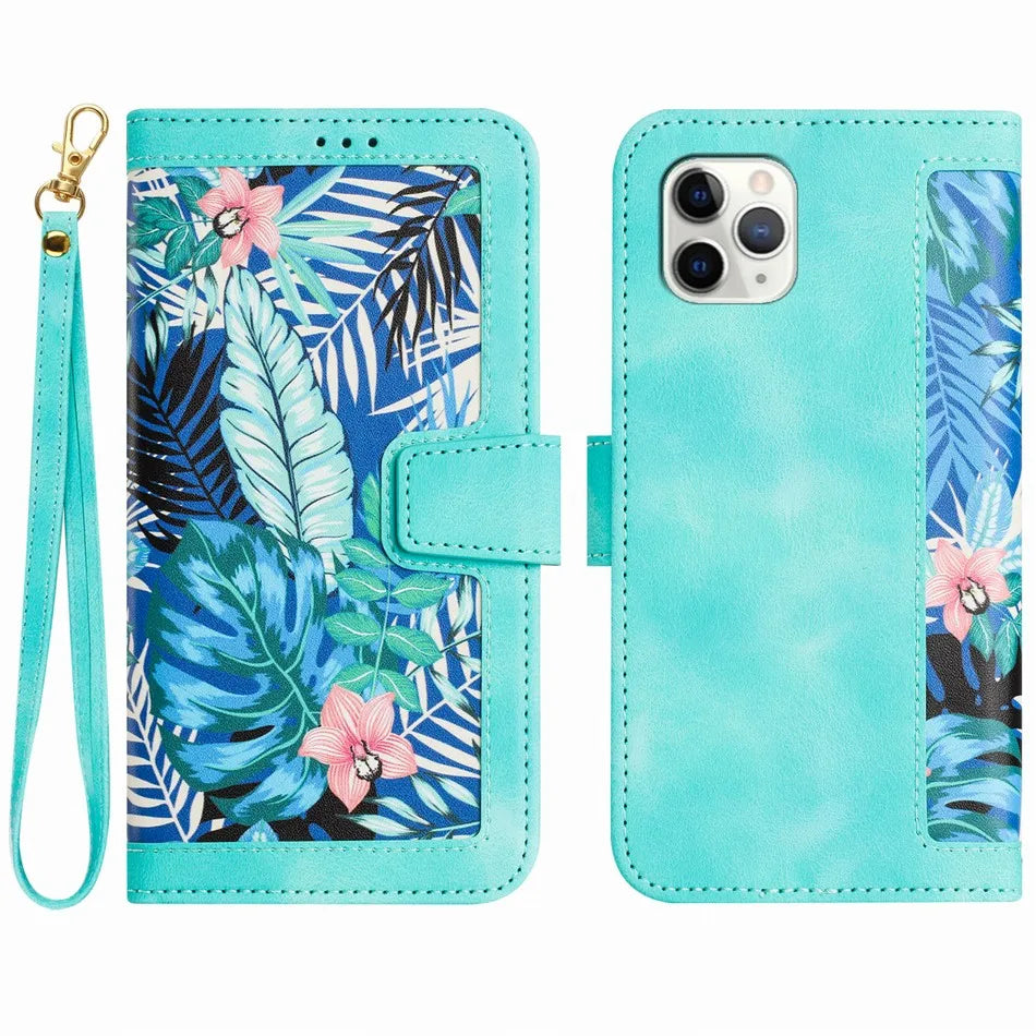 Wallet Phone Case with Plant Flowers Leather Flip Back Cover and Lanyard