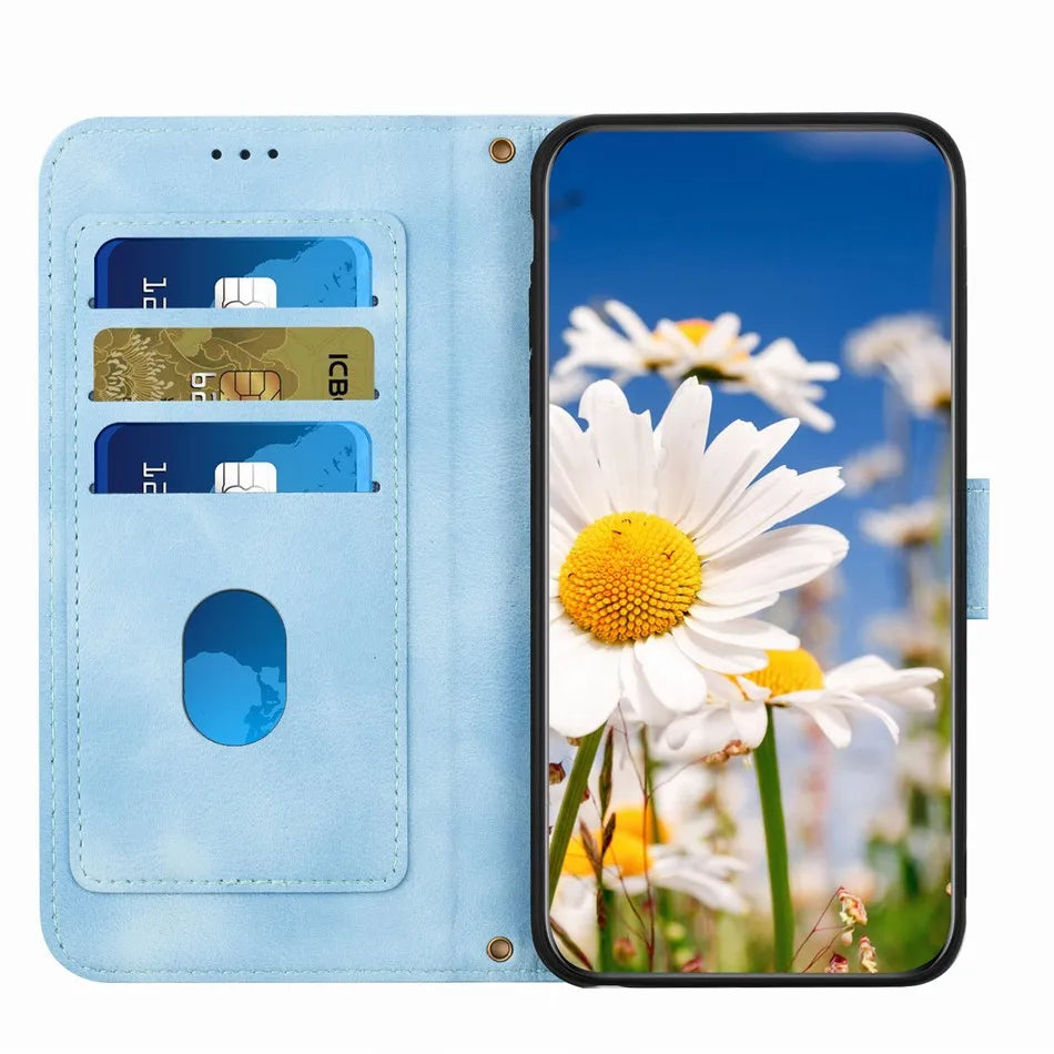 Wallet Phone Case with Plant Flowers Leather Flip Back Cover and Lanyard