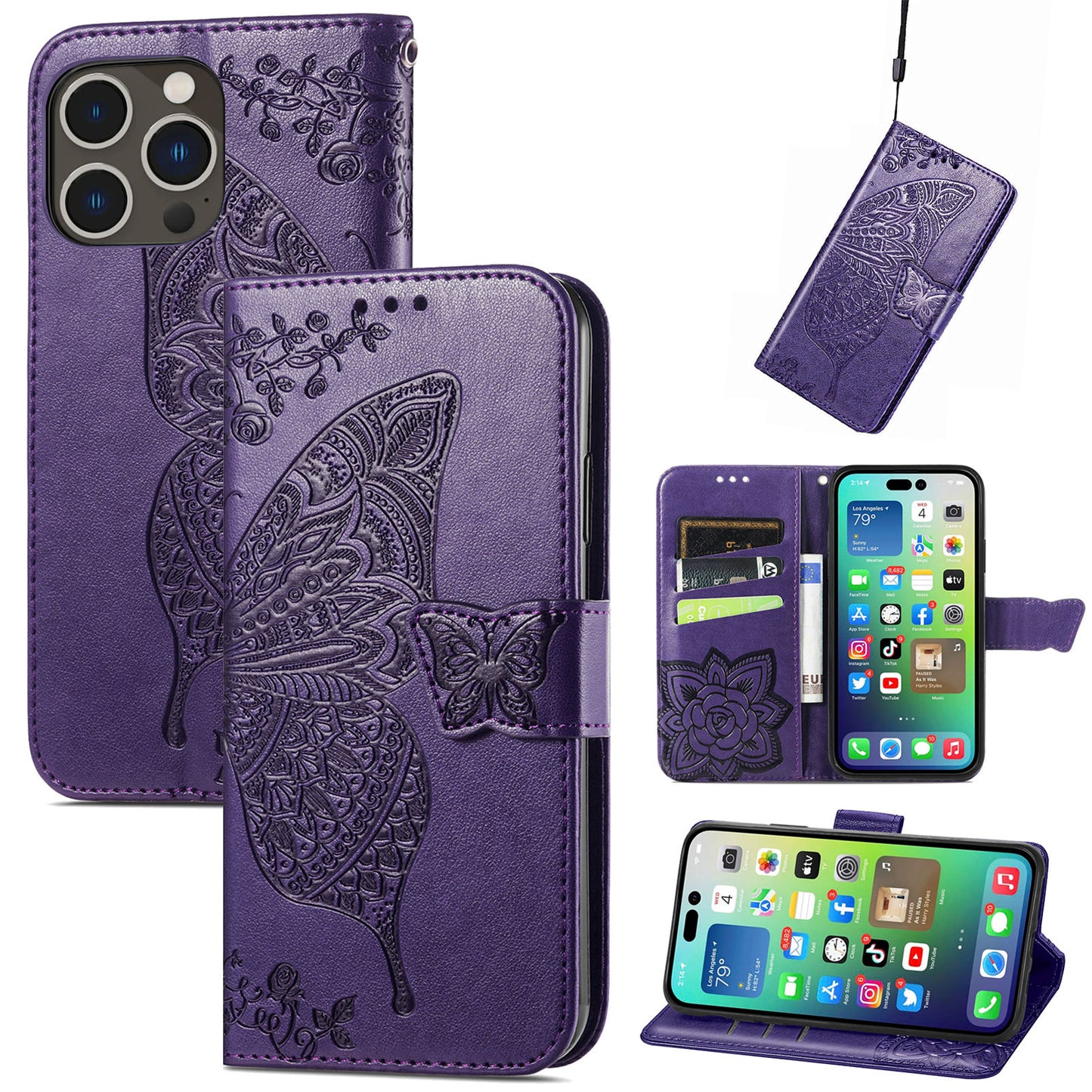 Embossed Butterfly Wallet Flip Case For iPhone