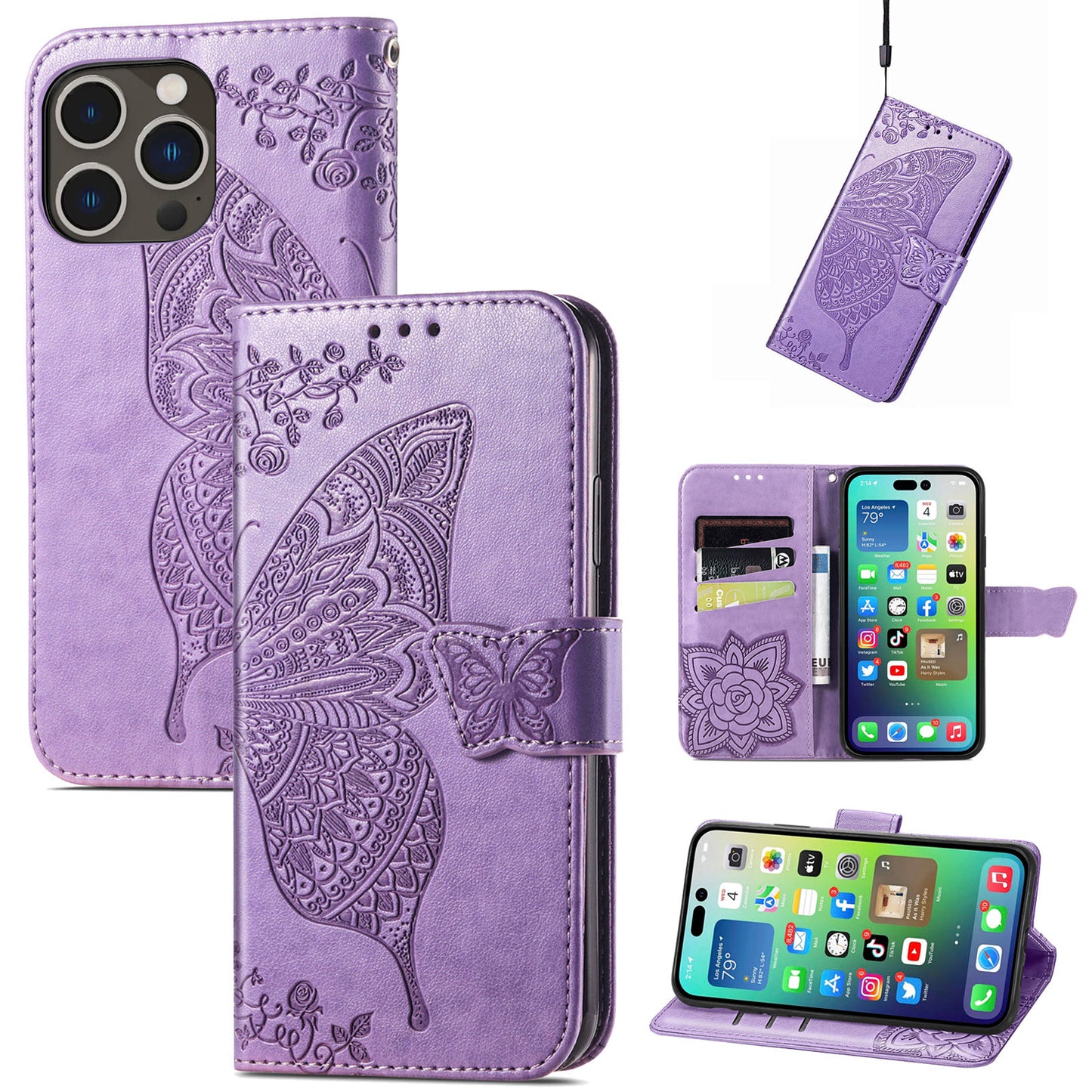 Embossed Butterfly Wallet Flip Case For iPhone