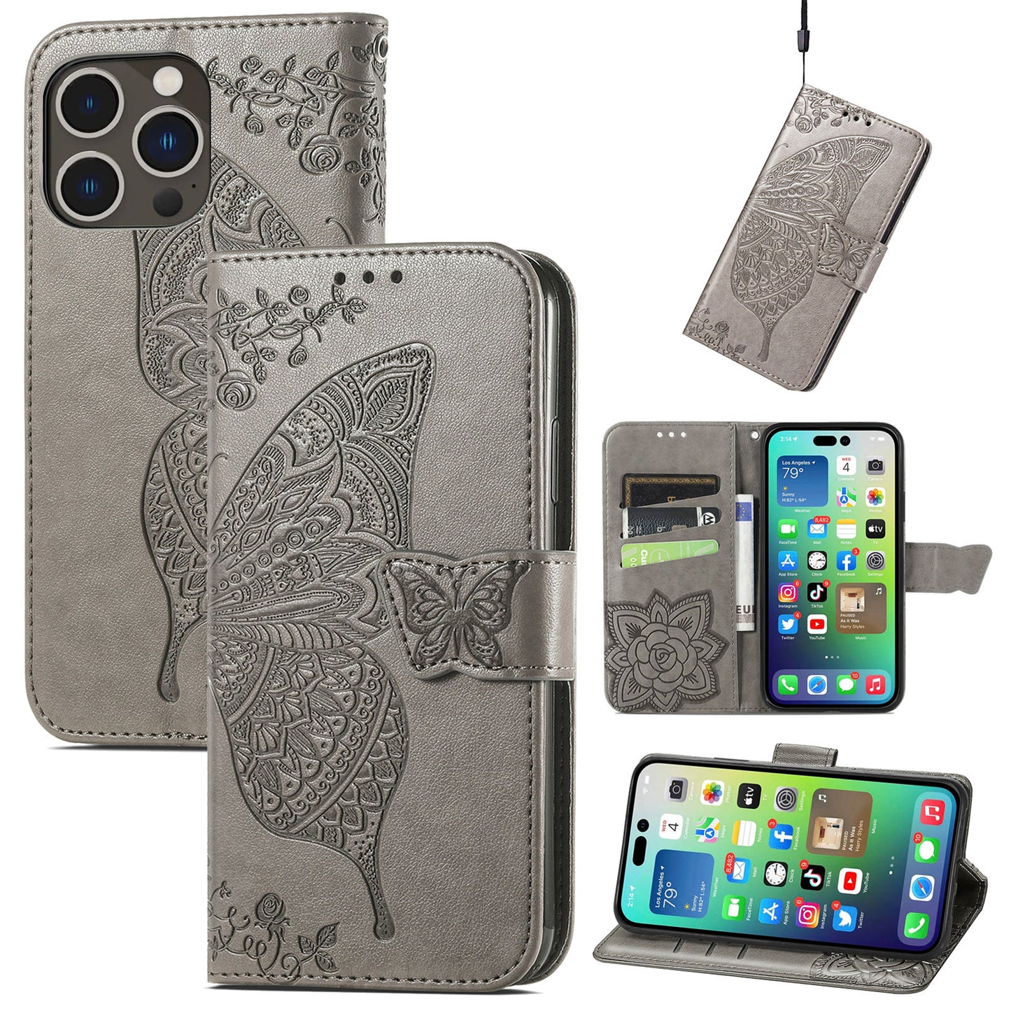 Embossed Butterfly Wallet Flip Case For iPhone