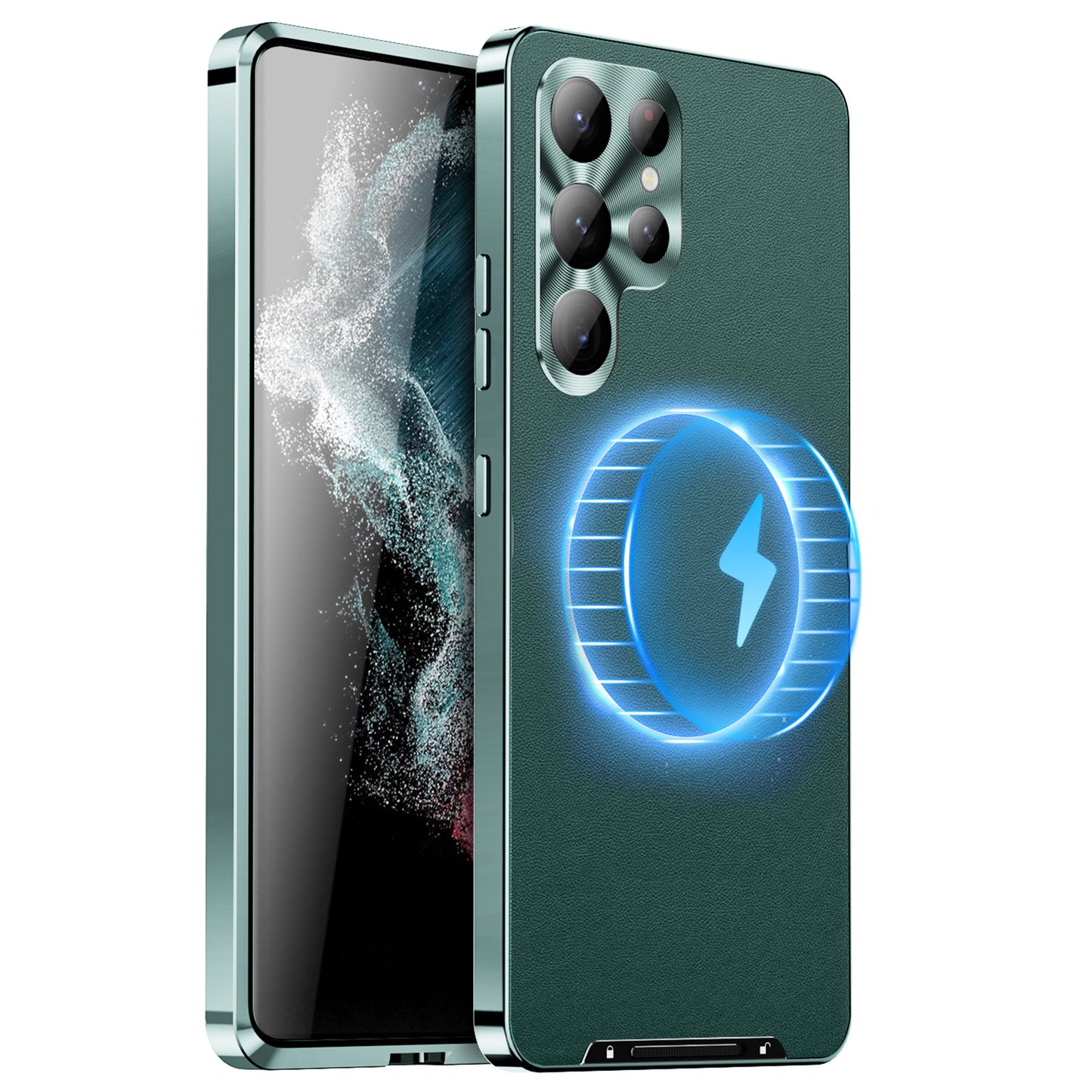 Luxury Metal Leather Wireless Charging Phone Case with Lens Protection for Samsunng Galaxy