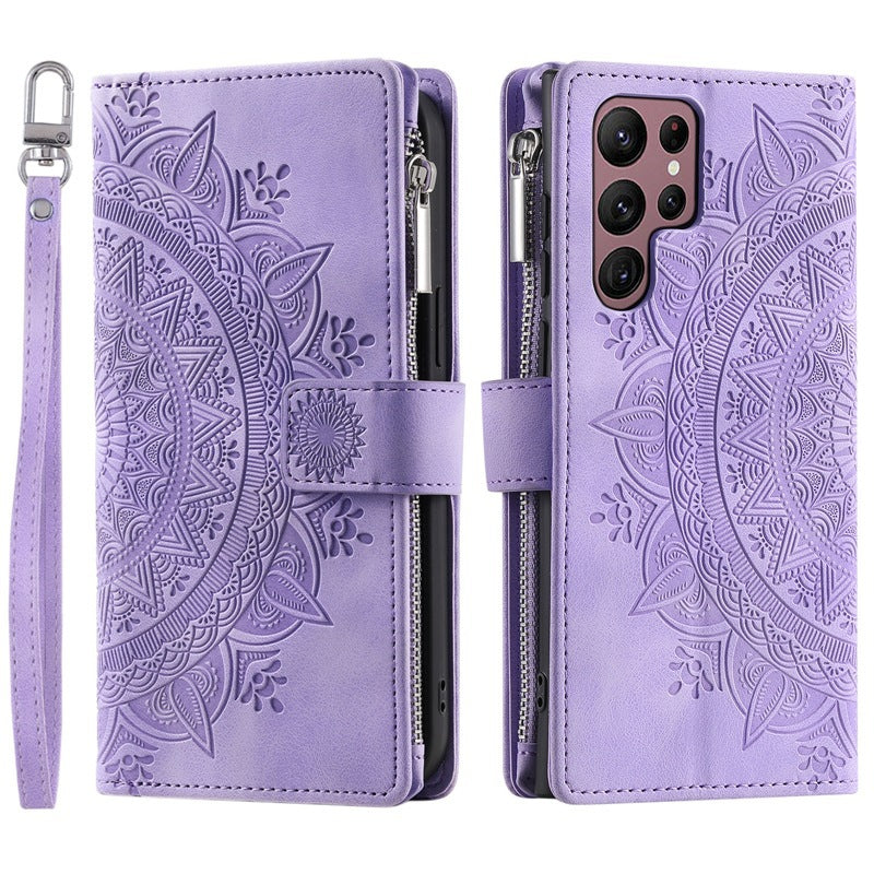 Luxury Mandala Embossed Leather Wallet Case for Samsung Galaxy: Zipper Card Slots & Full Protection