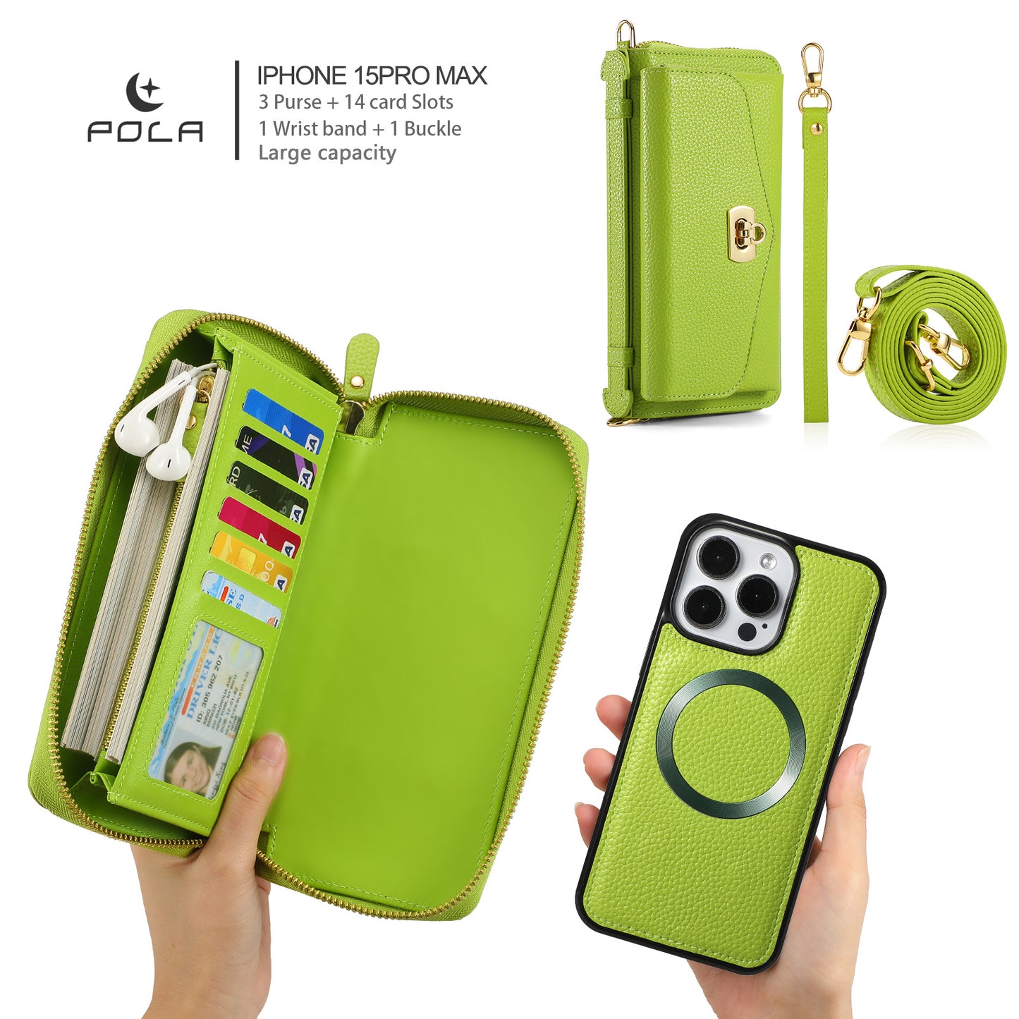 2 in 1 Removable Zip Card Solt Leather Wallet Case for iPhone