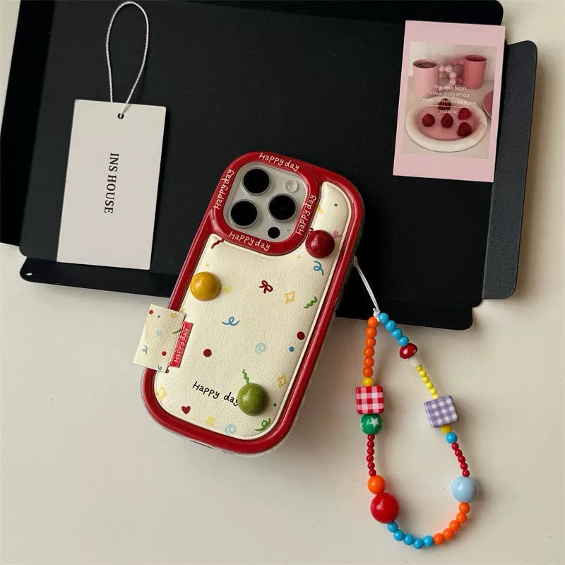 Curved Wave-dot Three-dimensional Jelly Bean Lanyard Case for IPhone