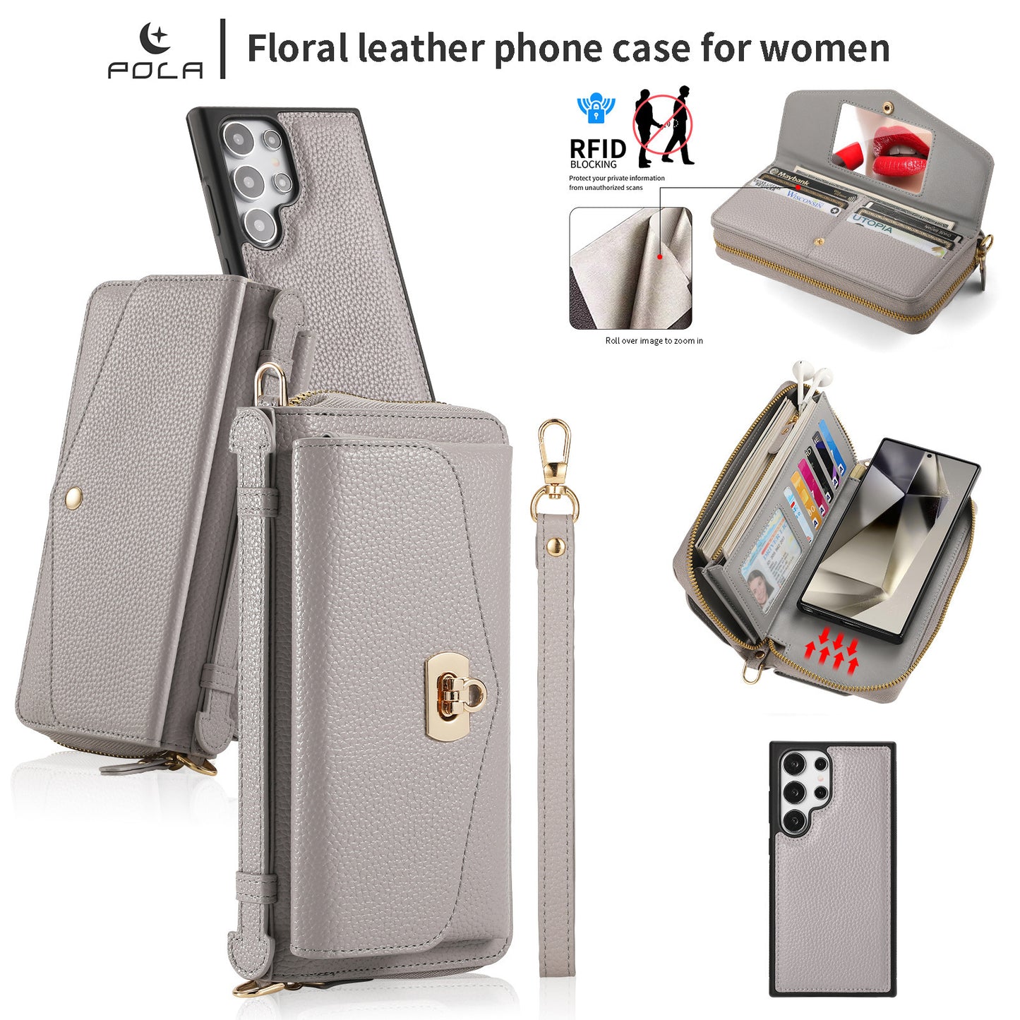 2 in 1 Removable Zip Card Solt Leather Wallet Case for Samsung
