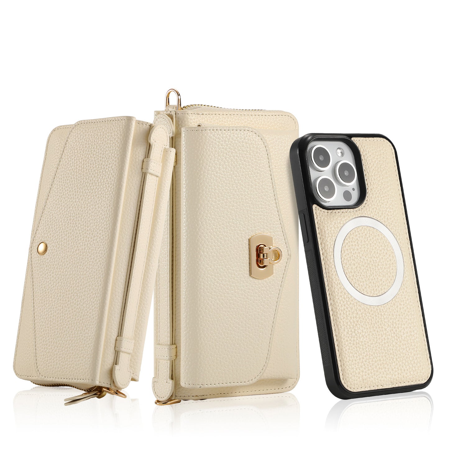 2 in 1 Removable Zip Card Solt Leather Wallet Case for iPhone