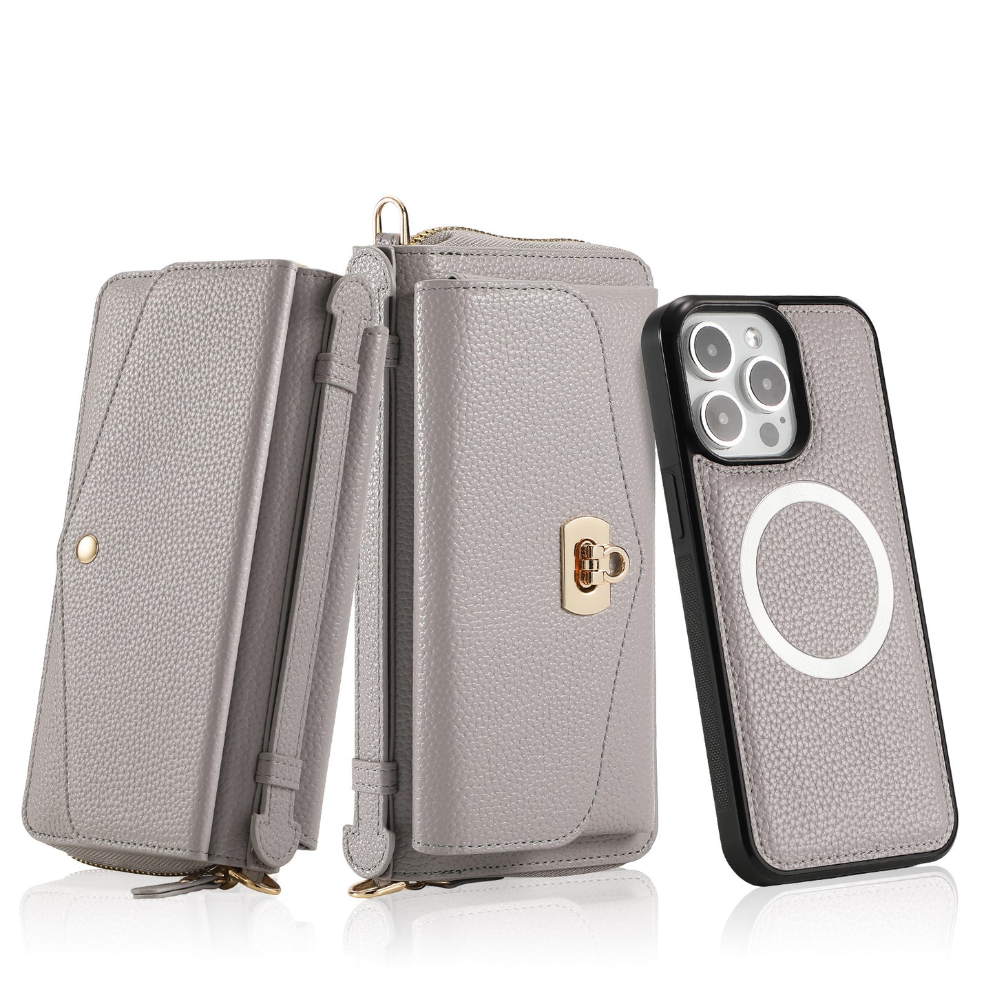 2 in 1 Removable Zip Card Solt Leather Wallet Case for iPhone