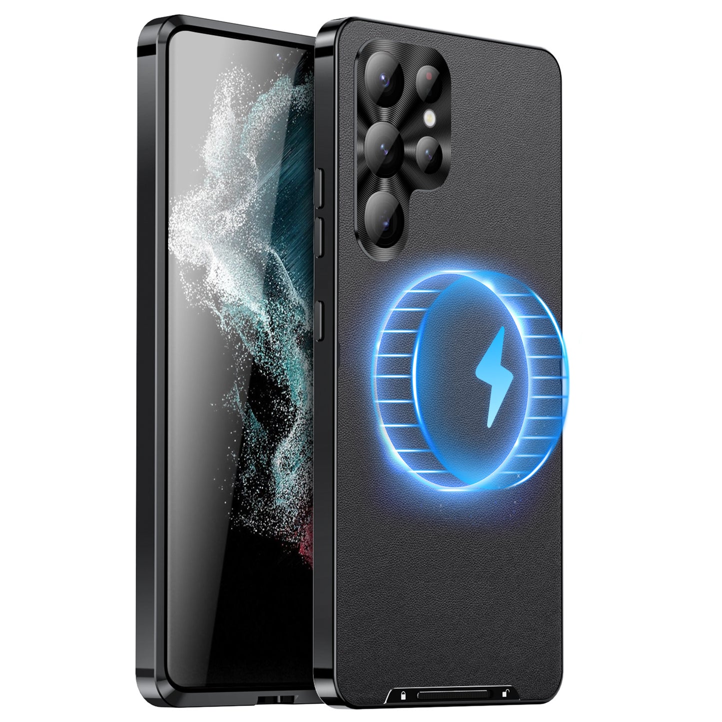 Luxury Metal Leather Wireless Charging Phone Case with Lens Protection for Samsunng Galaxy
