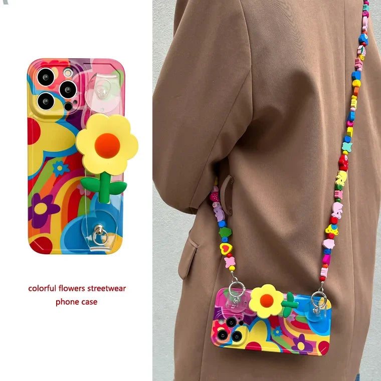Flower With Lanyard Neck Strap Silicone Phone Case for iPhone
