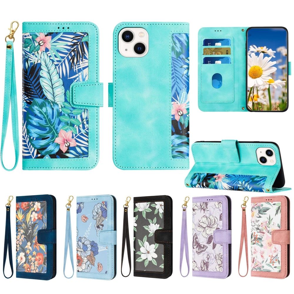 Wallet Phone Case with Plant Flowers Leather Flip Back Cover and Lanyard