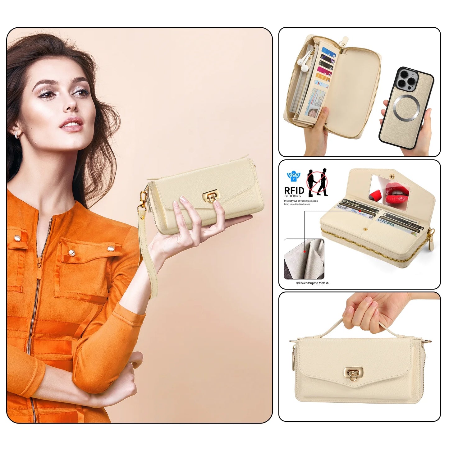 2 in 1 Removable Zip Card Solt Leather Wallet Case for iPhone