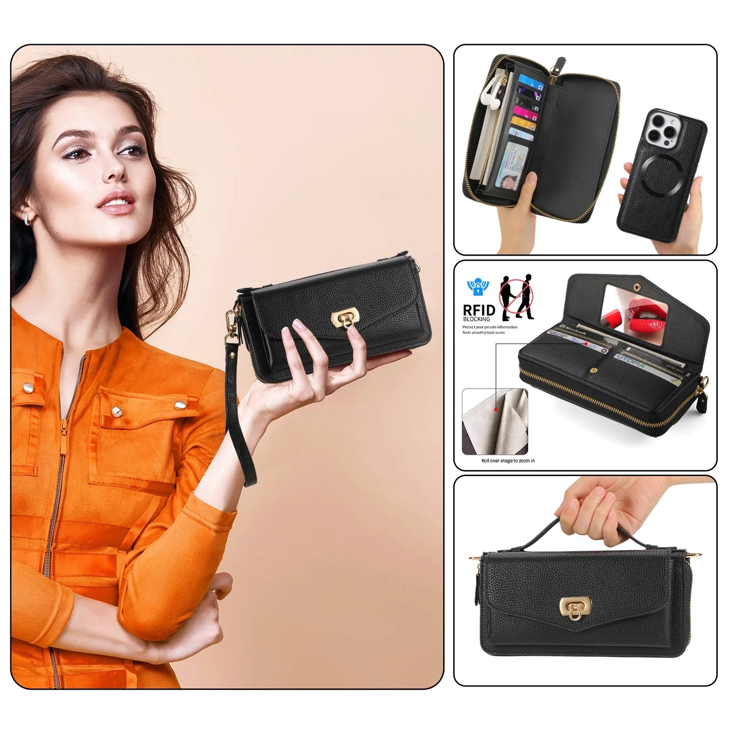 2 in 1 Removable Zip Card Solt Leather Wallet Case for iPhone