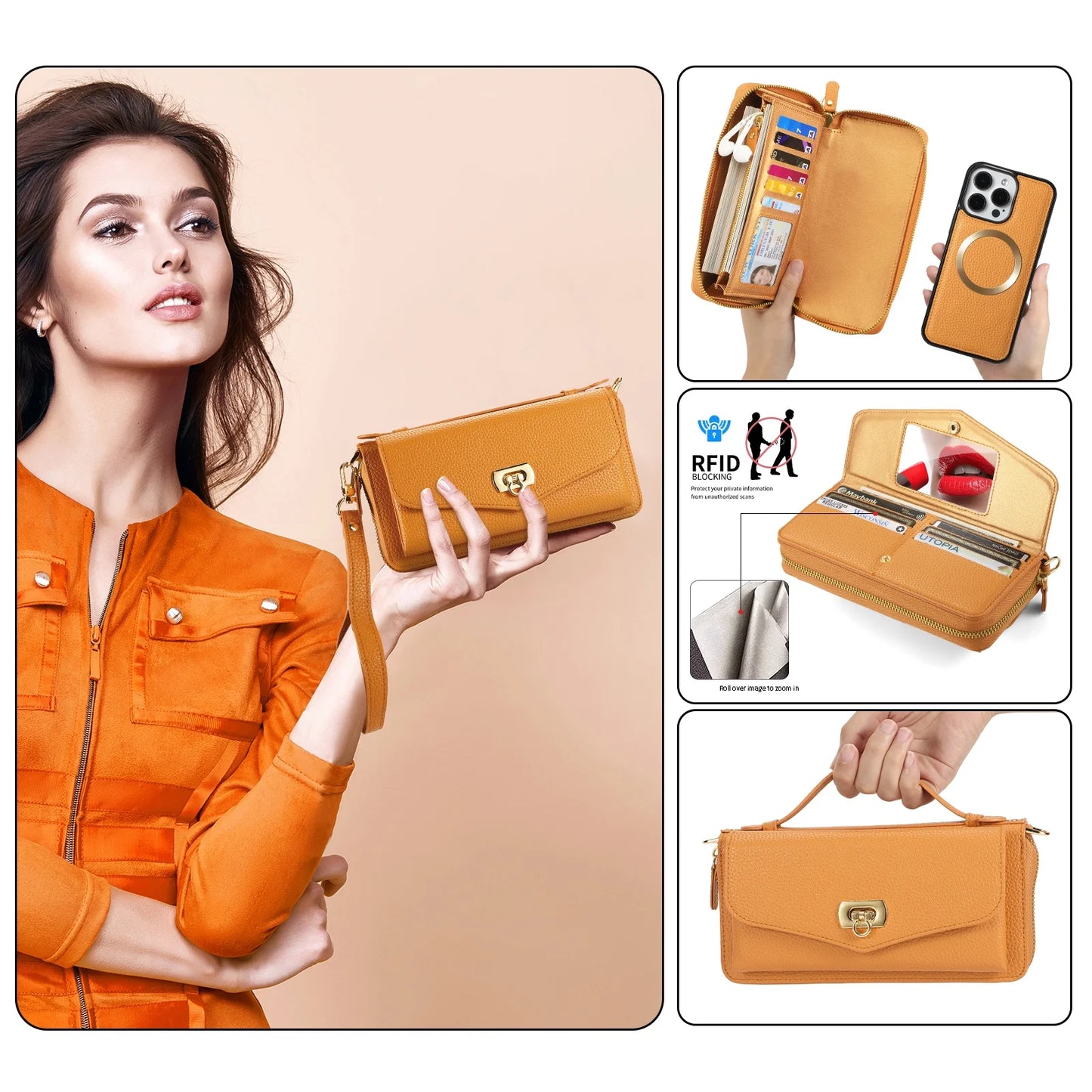 2 in 1 Removable Zip Card Solt Leather Wallet Case for iPhone