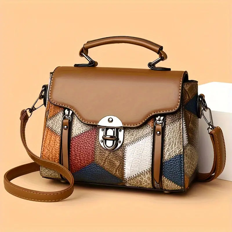 Retro Diamond Pattern Handbag - Large Capacity, Anti-Theft, Adjustable Strap, Brown with Blue, White & Black Accents, Vintage Flair