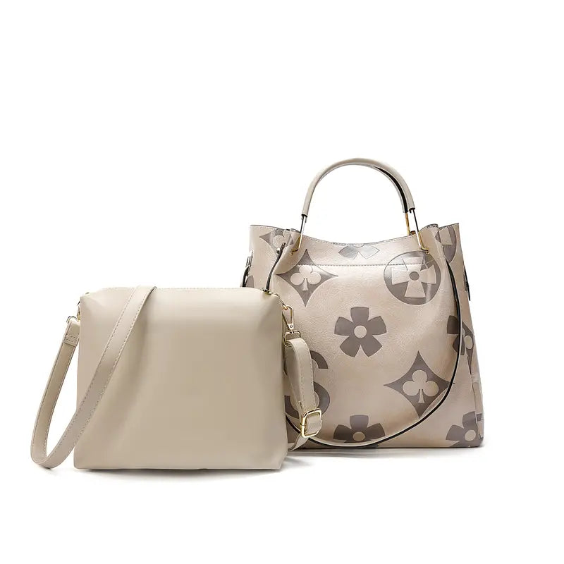 Elegant Floral Embossed Satchel Handbag - Faux Leather with Zipper Closure