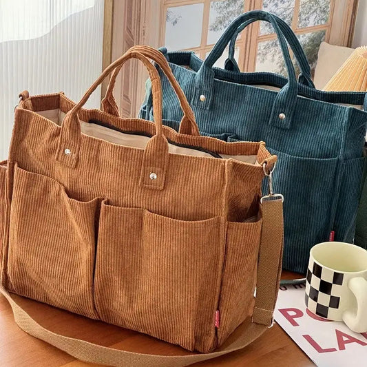 Corduroy Striped Crossbody Tote Bag - Casual Shoulder Bag with Zip Closure