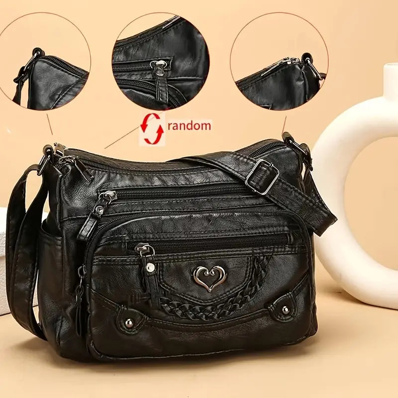 Chic Vintage Brown Crossbody Bag with Heart Accent