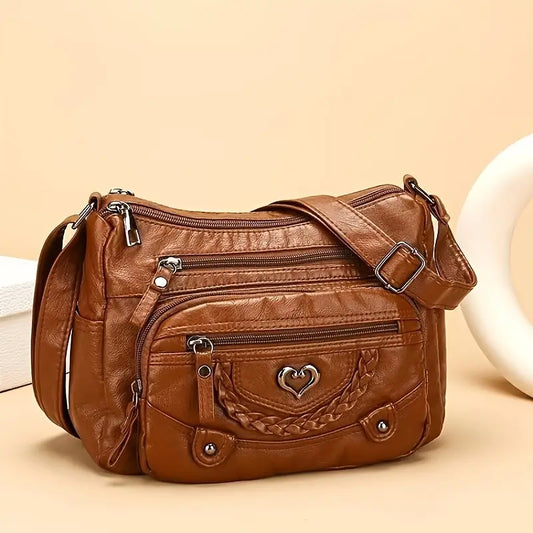 Chic Vintage Brown Crossbody Bag with Heart Accent