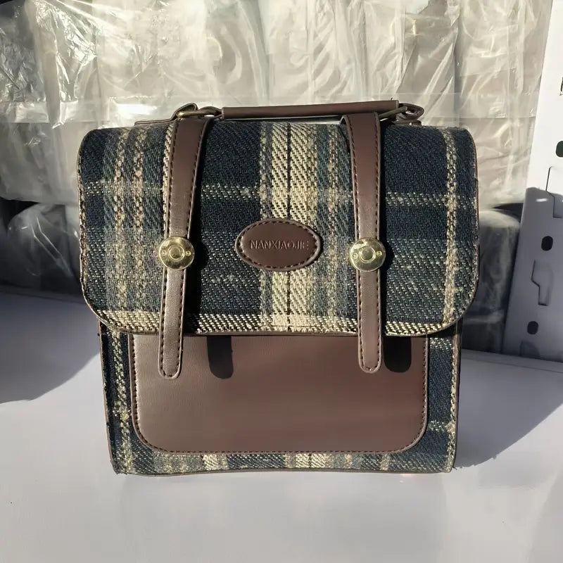 Trendy British Plaid Backpack for Women - Casual Satchel with Buckle Closure, Hand Washable