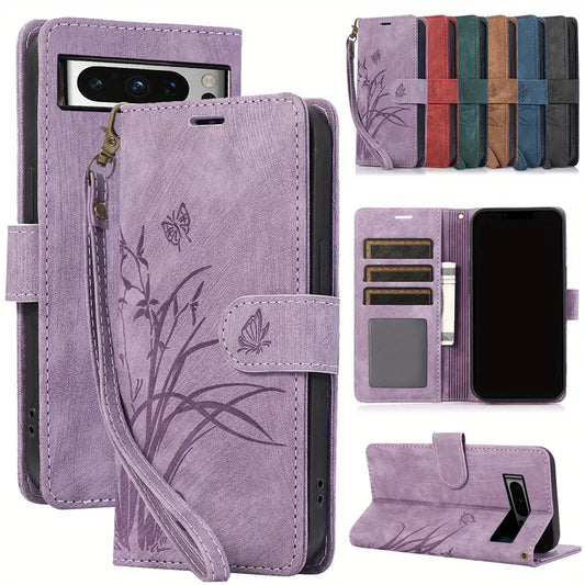 Stylish Flower Flip Case with Lanyard and Card Slot for Google Pixel