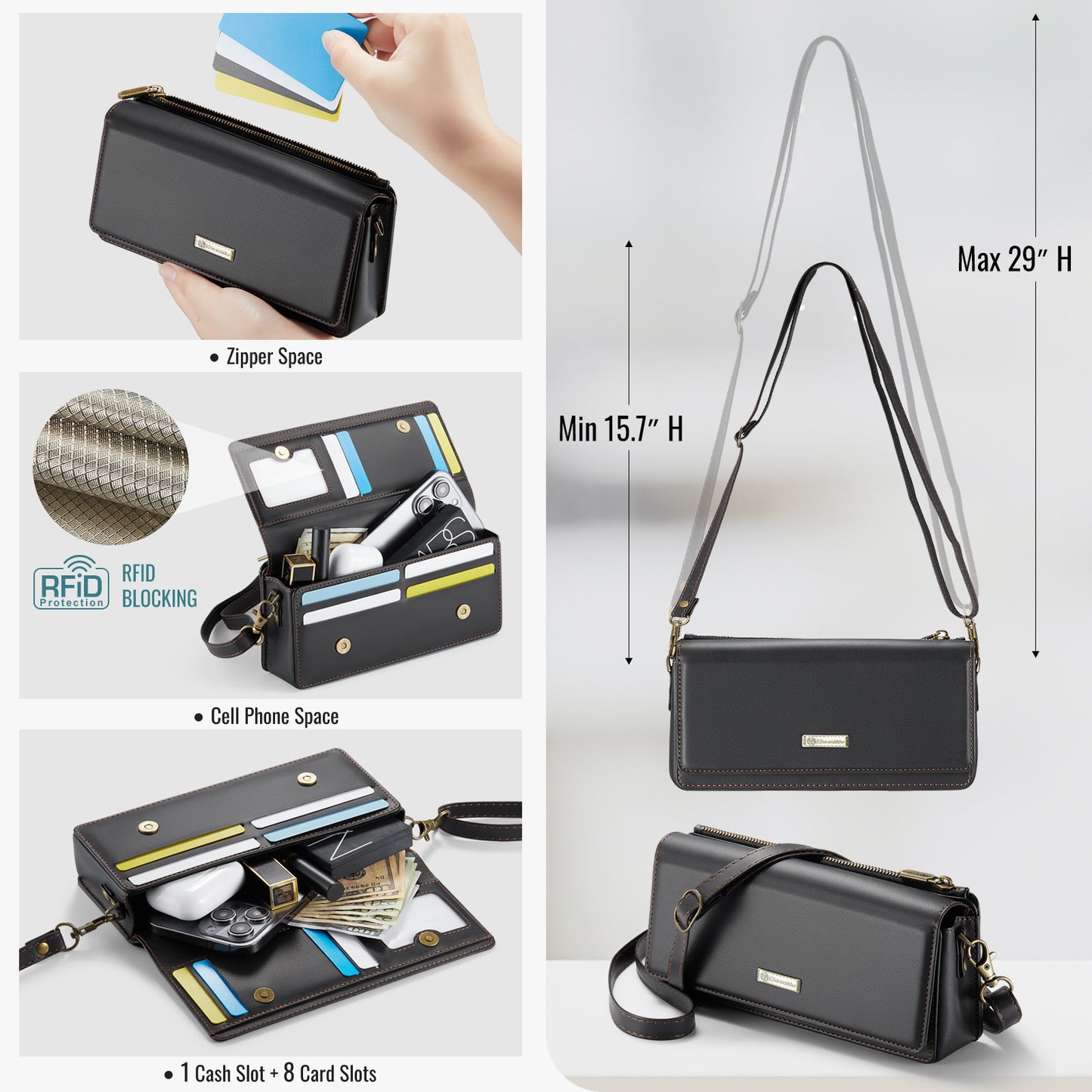 Multi-Functional Crossbody Shoulder Bag for Women/Men - RFID Blocking Wallet with 7 Card Slots, Adjustable Strap & Wristlet, Durable Edging Stitching