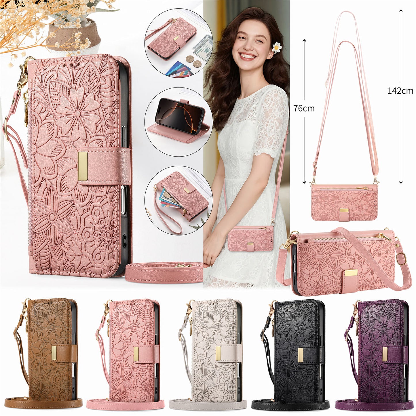 Floral & Leaf Elegant Fashion Crossbody Flip Phone Case for Samsung