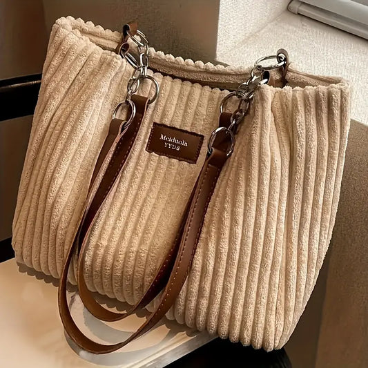 Elegant Corduroy Handbag for Women - Chain Shoulder Strap, Spacious Design, Zip Closure