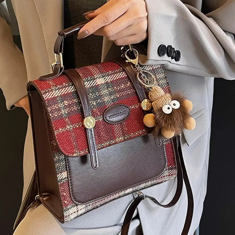 Trendy British Plaid Backpack for Women - Casual Satchel with Buckle Closure, Hand Washable