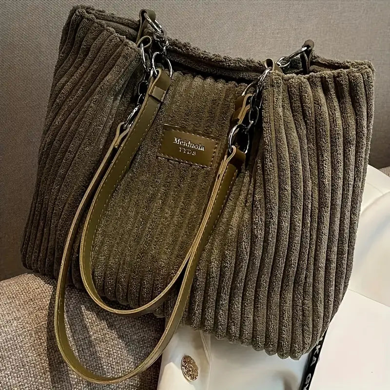 Elegant Corduroy Handbag for Women - Chain Shoulder Strap, Spacious Design, Zip Closure
