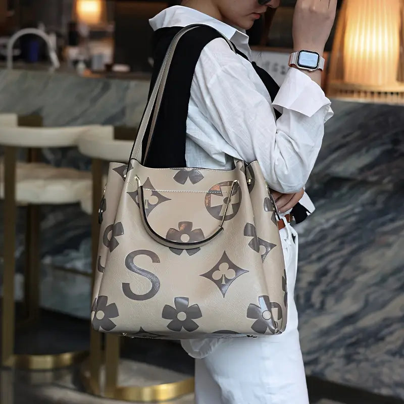 Elegant Floral Embossed Satchel Handbag - Faux Leather with Zipper Closure