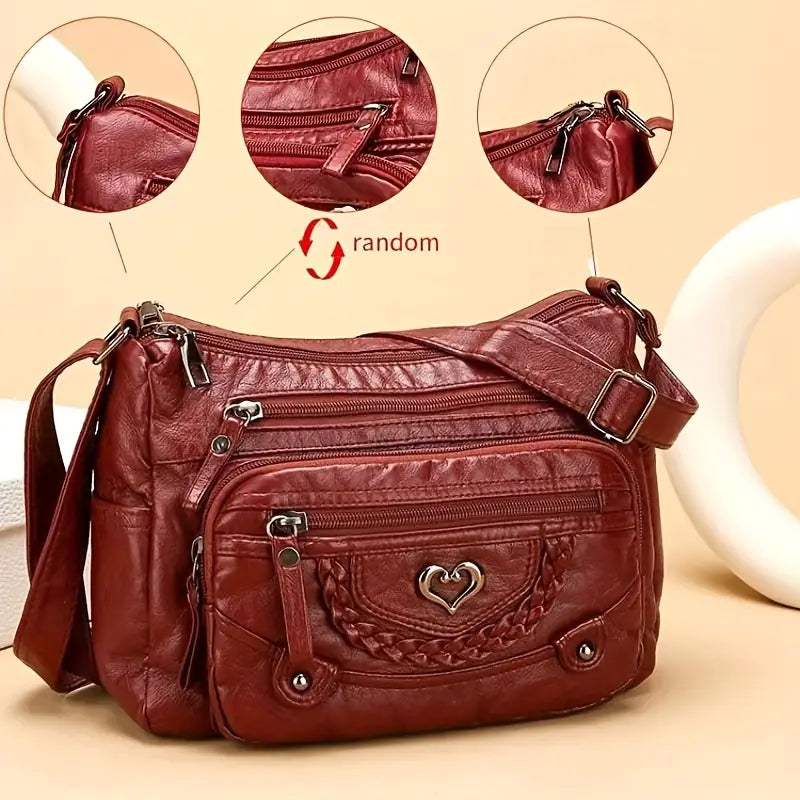 Chic Vintage Brown Crossbody Bag with Heart Accent