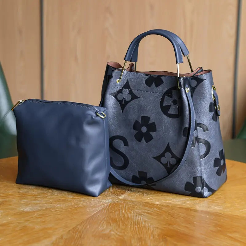 Elegant Floral Embossed Satchel Handbag - Faux Leather with Zipper Closure