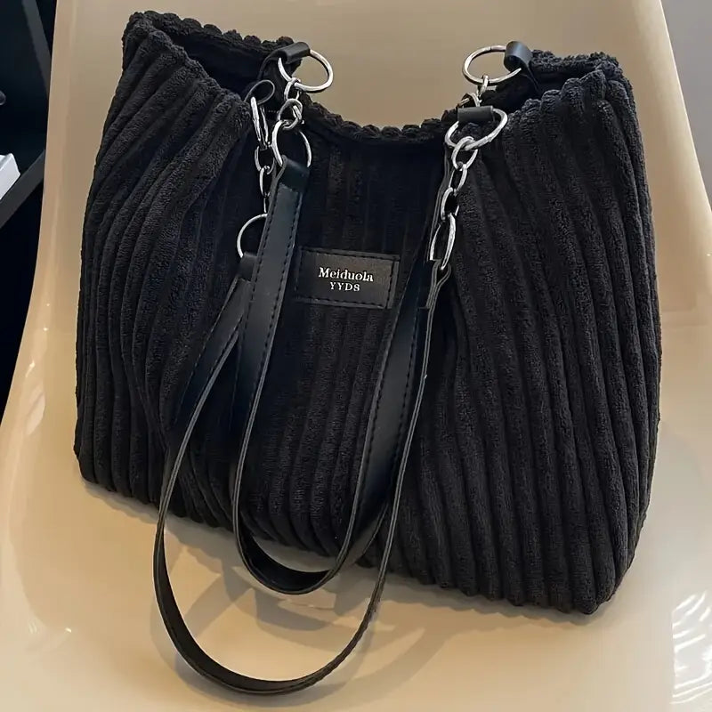 Elegant Corduroy Handbag for Women - Chain Shoulder Strap, Spacious Design, Zip Closure