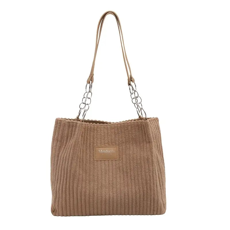 Elegant Corduroy Handbag for Women - Chain Shoulder Strap, Spacious Design, Zip Closure