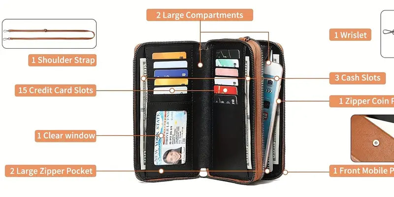 Women's Mini Leather Crossbody Bag | 15+ Card Slots, Phone Pocket | Adjustable Strap, Zip Closure