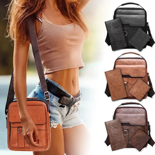 Unisex Leather Shoulder Crossbody Bag - Versatile Design for Business, Commuting & Leisure | Includes Detachable Long/Short Wallets | Multi-Pocket Storage