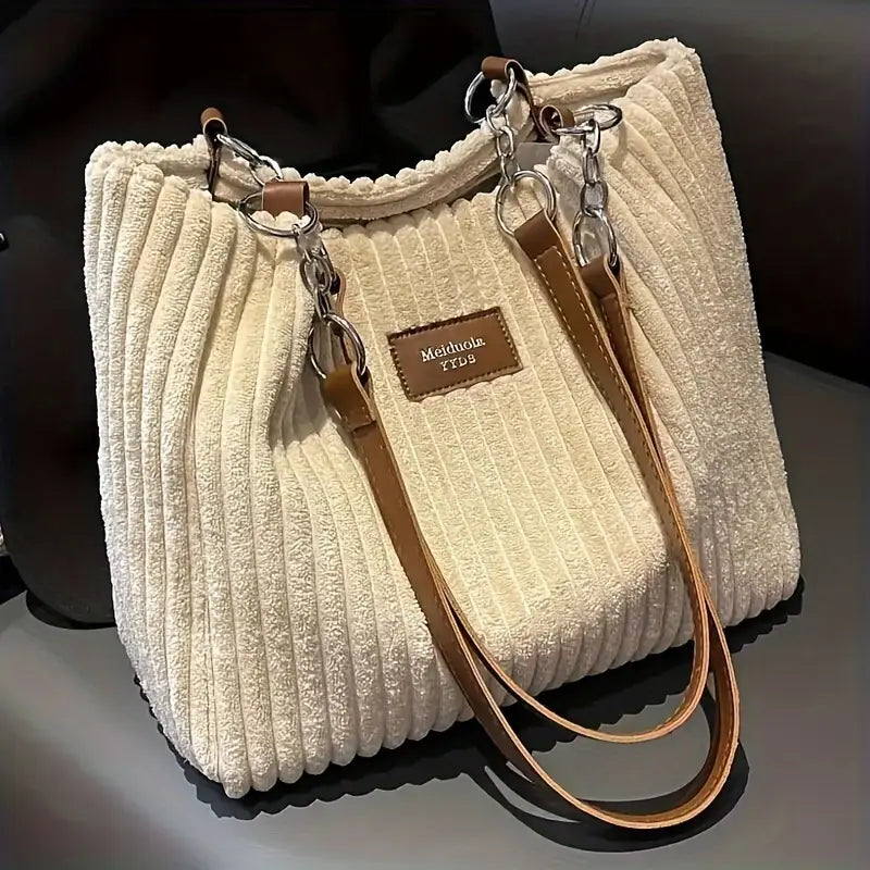 Elegant Corduroy Handbag for Women - Chain Shoulder Strap, Spacious Design, Zip Closure