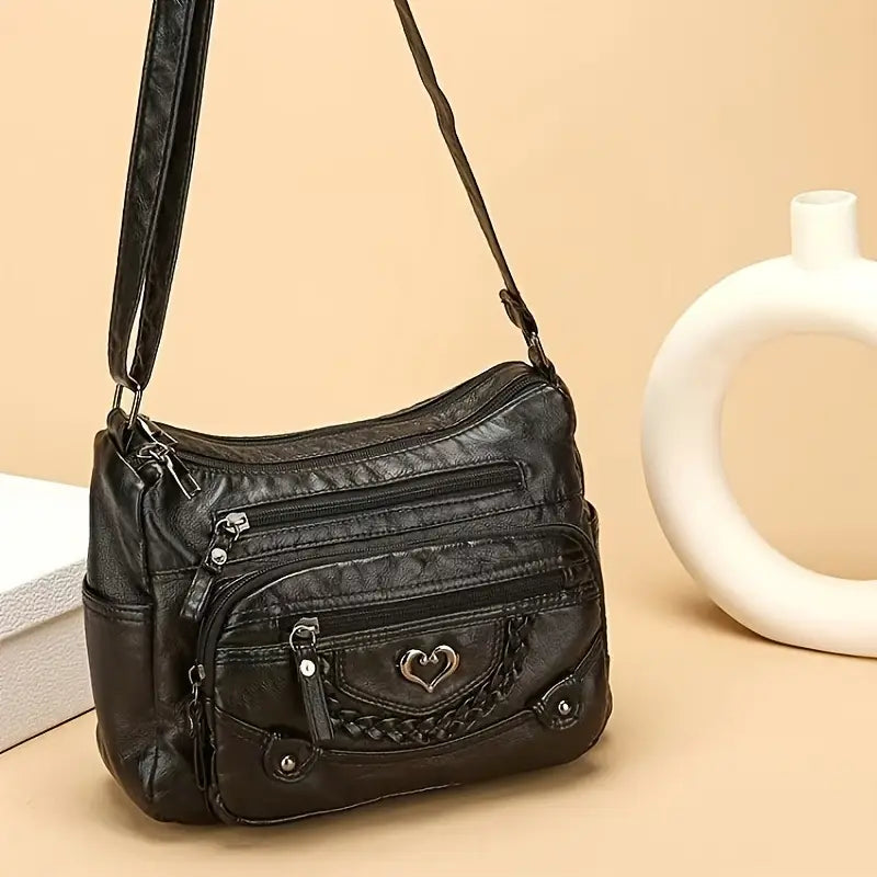 Chic Vintage Brown Crossbody Bag with Heart Accent