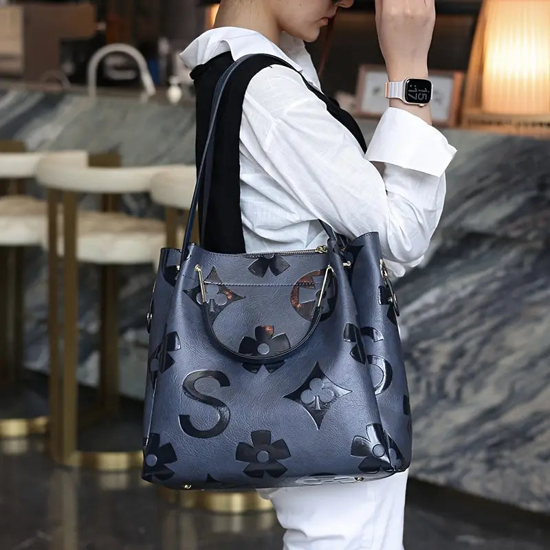 Elegant Floral Embossed Satchel Handbag - Faux Leather with Zipper Closure